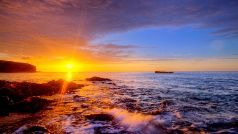 rocks, shore, rays, sunset, sea