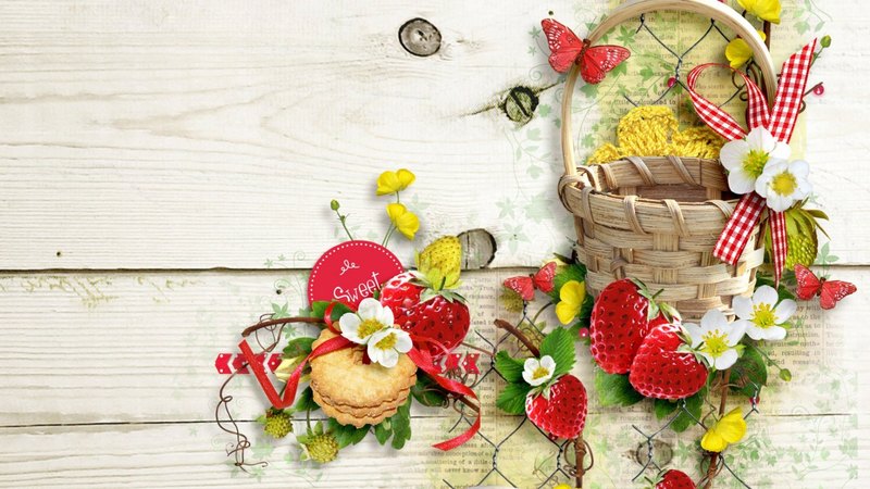 ribbon, butterflies, fruit, cookies, basket, summer, flowers, strawberries, wire, blooms, wood