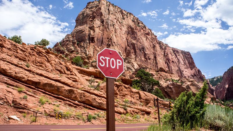 sign, stop, canyon, 4k