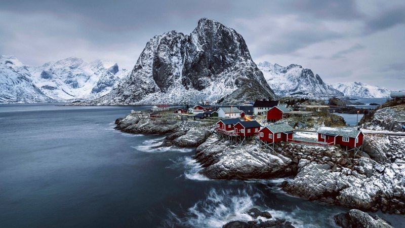 mountain, islands, snow, houses, clouds, sky, sea