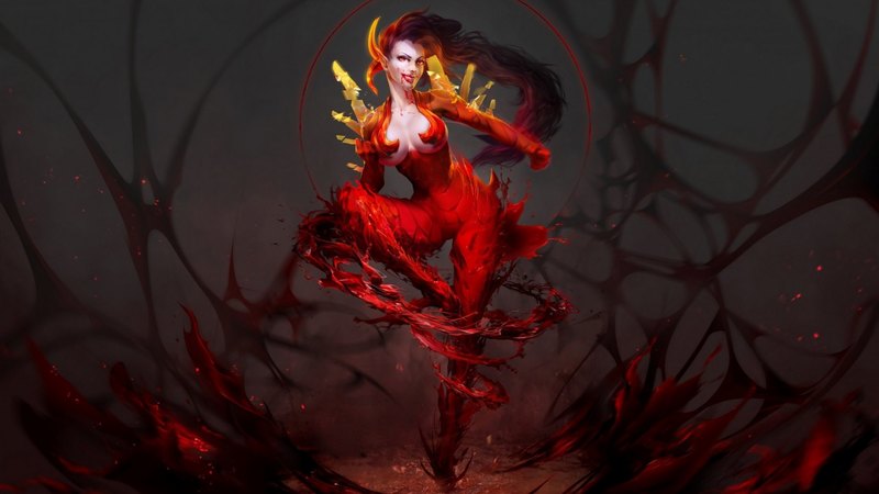 red, art, fantasy, girl, vampire, woman