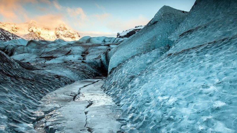 mountain, stream, ice, winter