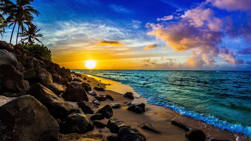 sky, sea, exotic, ocean, hawaii, oahu, sunset, beautiful, palms, stones, rays, tropics, sands