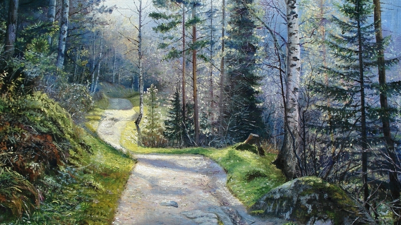 painting, path, forest, trees
