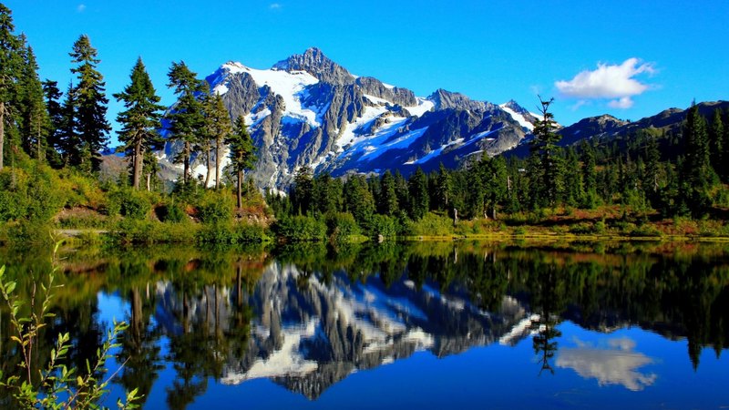 mountain, view, trees, snowy, sky, lake, landscape