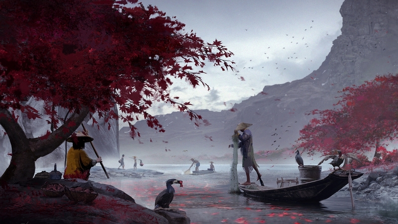 red, art, fish, luminos, peste, skyrawathi, man, fisher, water, tree, boat, fantasy, bird, pasari