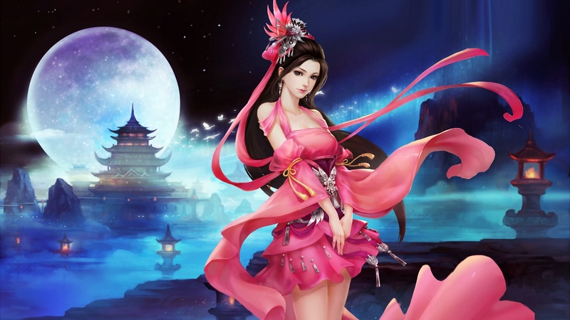 art, moon, girl, beautiful, pink