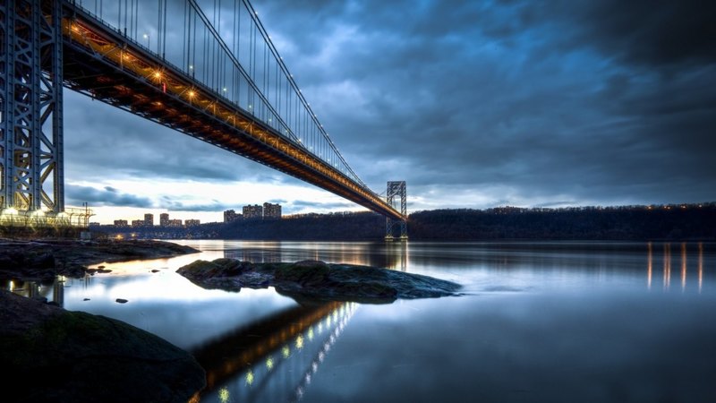 bridge, river, reflection, overcast, lights