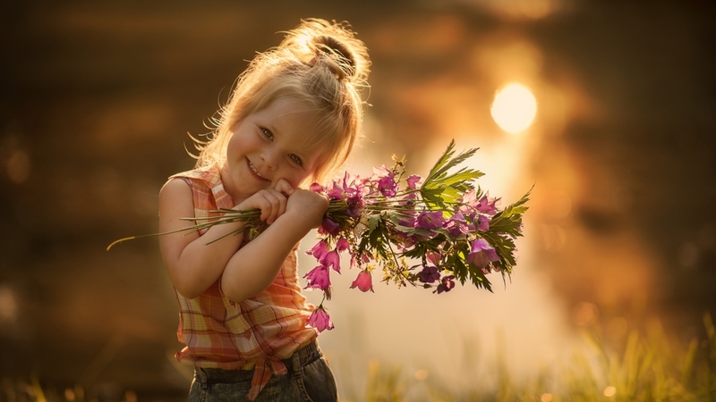girl, childhood, flowers, smile