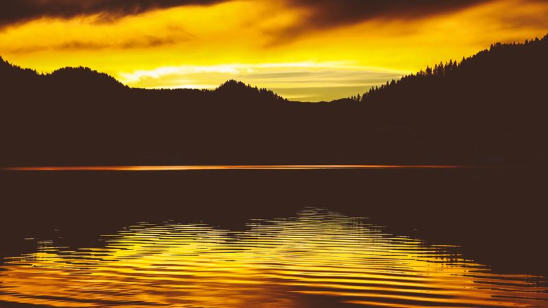 lake, sunset, skyline, sky, reflection, 4k