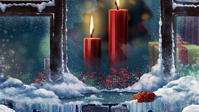 snow, window, candles, burning, red