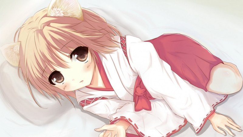 red, dress, hd, brown, neko, background, blush, short, bed, hair, anime, hot, light, pillow, kitty, ears, black, blonde, sexy, cat, cute, dark, eyes, kitten, white