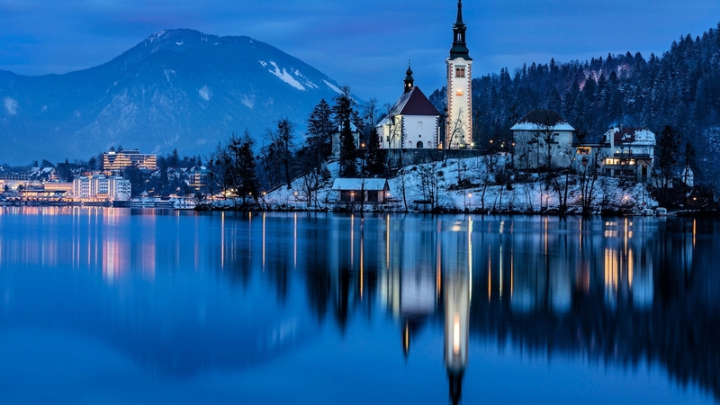 reflections, church, winter, slovenia, mountains, island