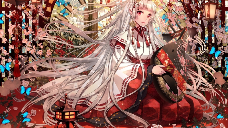 red, sakura, music, manga, spring, instrument, butterfly, girl, anime, white, pink, blue