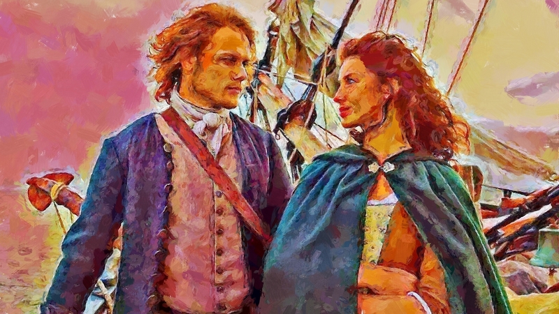 outlander, jamie, actress, painting, tv series, sam heughan, pictura, pink, couple, blue, claire, art, caitriona balfe, man, by cehenot, girl, actor