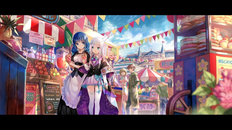 goodies, pretty, dress, hd, fuji choko, beautiful, adorable, sweet, nice, anime, people, beauty, anime girl, scenery, couple, female, lovely, food, stall, te, sky, flag, cute, kawaii, girl, lady, scene, maiden