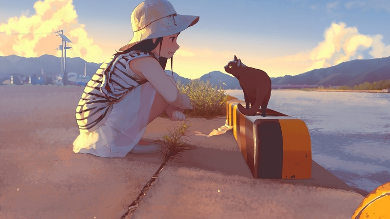 vara, girl, anime, summer, manga, pisici, cat, hat