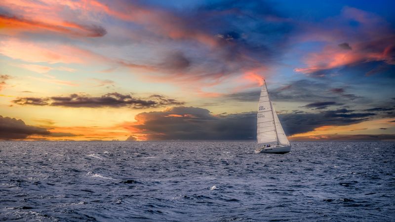 sailboat, sunset, sea, horizon, 4k