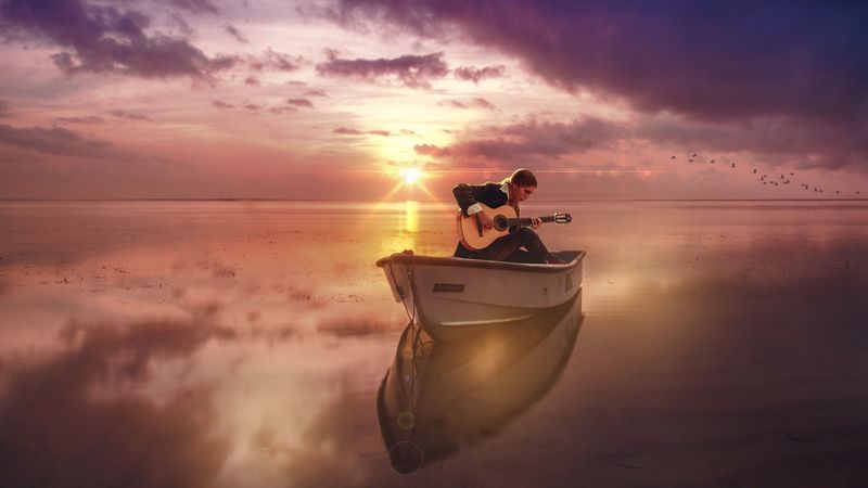 guitar, guitarist, boat, sea, sunset, horizon, musician, 4k