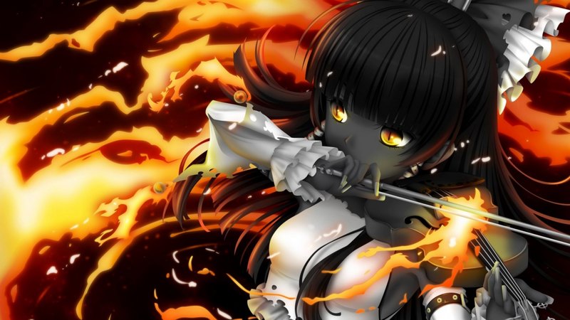 hakurei reimu, sound, play, touhou, hot, anime girl, long hair, black hair, violin, female, music, sexy, yellow eyes, fire, cool, girl, hair bow, detached