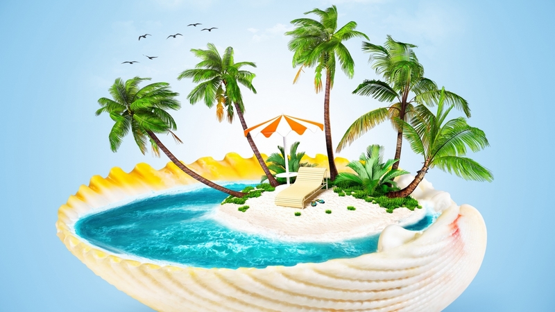 umbrella, palm, creative, beach, tree, fantasy, water, shell, summer, white, blue