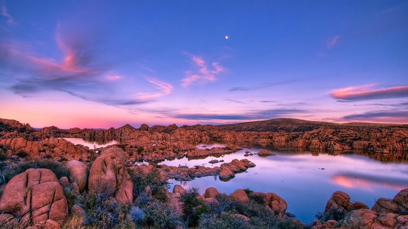 hills, rocks, moon, clouds, sky, lake