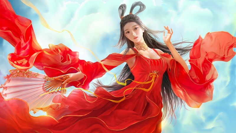 pretty, red, art, fantasy, girl, oriental, digital, woman