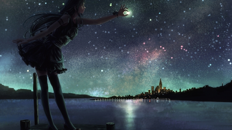 stars, luna, luminos, manga, sky, silhouette, moon, water, girl, anime, hand