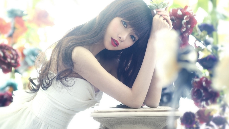 brunette, white dress, girl, asian