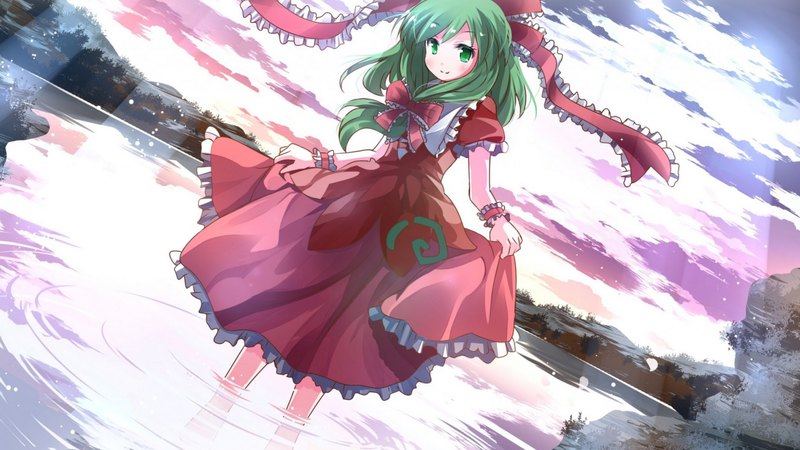 red, pretty, adorable, sweet, nice, green, anime, touhou, river, anime girl, long hair, female, cloud, lovely, ribbon, sky, kagiyama hina, pond, cute, kawaii, water, girl, green hair, scene