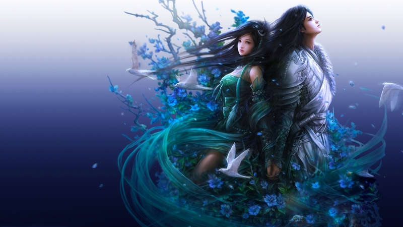 pretty, art, beautiful, man, woman, fantasy, doves, girl, serene, love, digital, flowers, asian, couple, blue