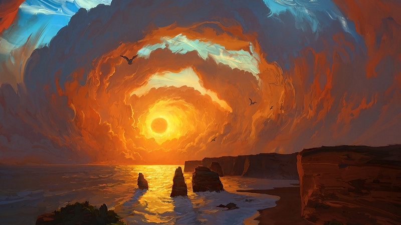 sunset, sky, sea, art, cloud, orange, luminos, rock, artem chebokha, fantasy, water, artem cheboka