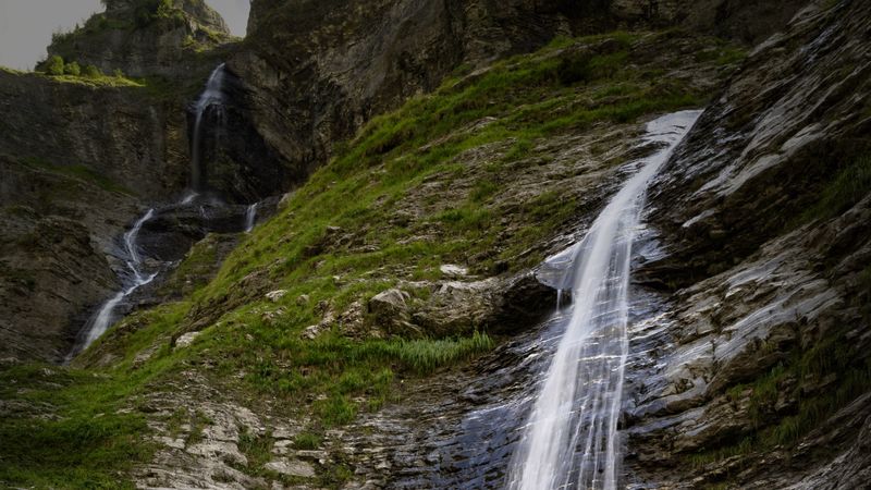 waterfall, rocks, blocks, grass, 4k