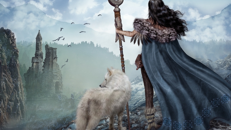 fantasy, luminos, girl, lup, wolf, white, blue