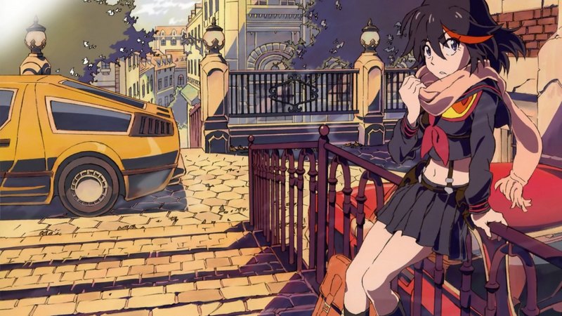 skirt, unifrom, cars, short hair, nice, cool, snowing, anime, awesome, scarf, anime girl, light, black hair