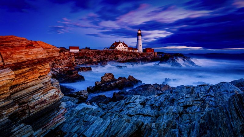 rocks, shore, ocean, dusk, beautiful, waves, sky, lighthouse, sea, dark, landscape, coast, blue