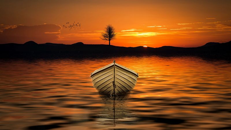 boat, sunset, skyline, lake, tree, 4k