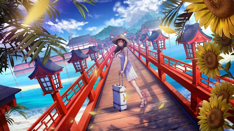 dress, beautiful, clouds, sea, beach, lanterms, bridge, anime, beauty, anime girl, blue, ocean, sky, palms, hat, suitcase, water, girl, summer, vacations, white