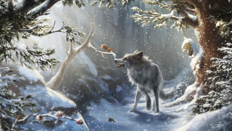 fantasy, squirrel, luminos, maria beschorner, lup, wolf, iarna, winter, frumusete