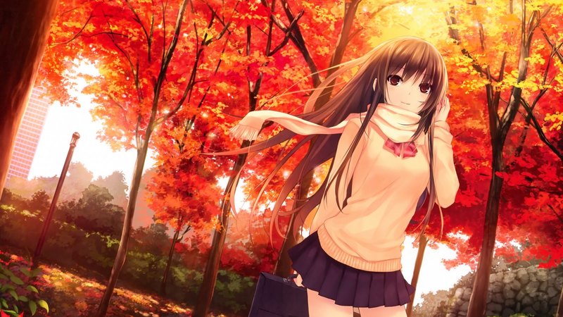 blush, sweater, kunimura kotone, shorts, hot, beauty, anime girl, long hair, school uniform, female, school bag, brown hair, smile, sexy, leaf, cute, tree, cool, scarf