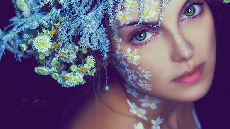 model, woman, girl, flower, beauty, face, white, eyes, blue
