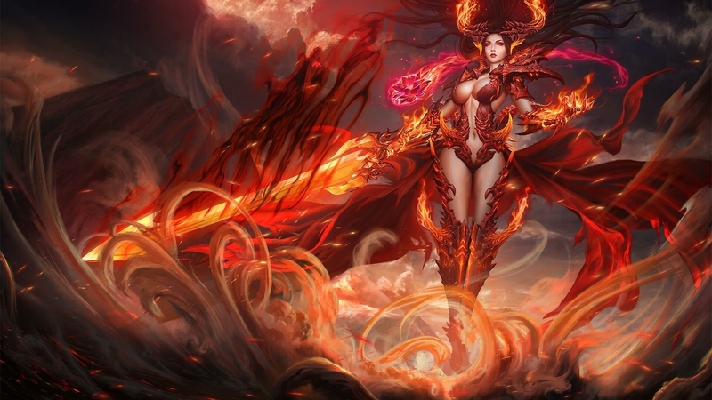 red, fire, demon, cloud d, fantasy, girl, luminos, orange, sword
