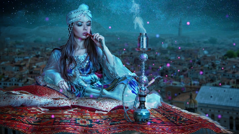 red, frumusete, flying carpet, fantasy, girl, luminos, annewipf, blue, night