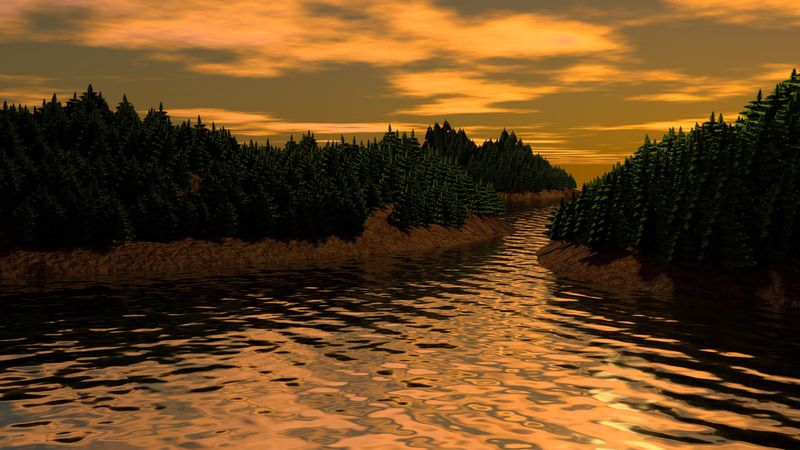 landscape, 3d, art, river, trees, 4k