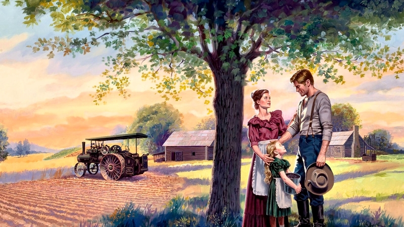 architecture, family, planting, art, tractor, farmers, beautiful, artwork, farm, people, painting, wide screen, scenery, crops, landscape