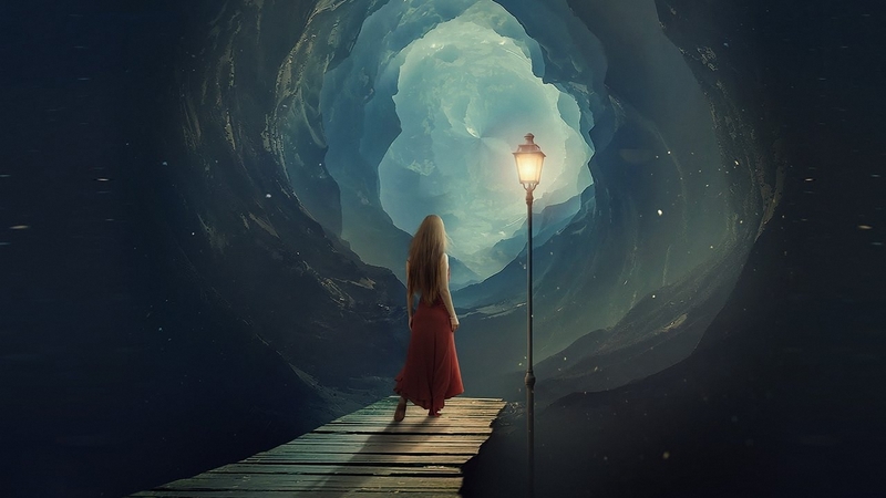 girl, cave, art, lamp, digital, tunnel