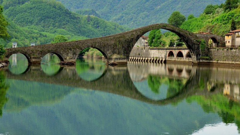 arches, bridge, mountains, river, forests