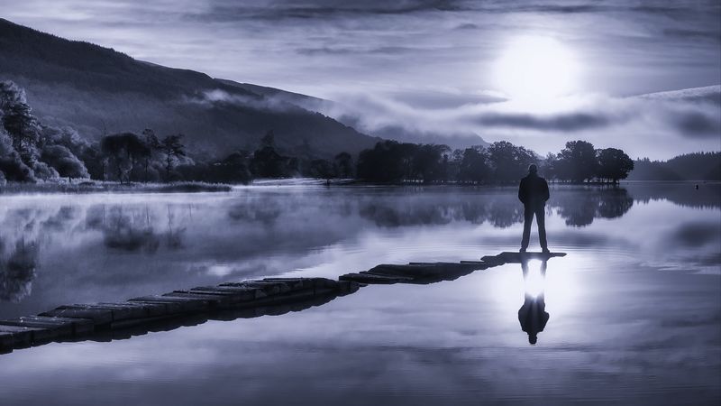 silhouette, loneliness, lake, fog, 4k