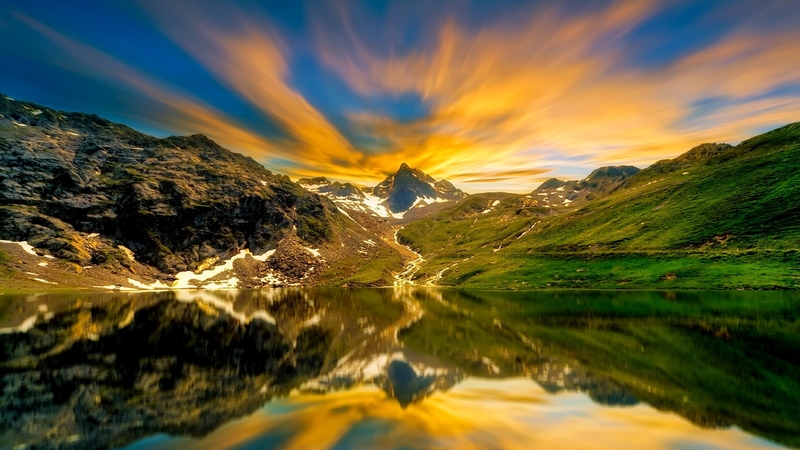 mountains, nature, sunset, reflection, clouds, sky, lake