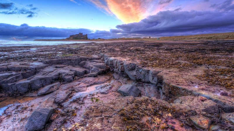 rocks, shore, hdr, sunset, clouds, castle